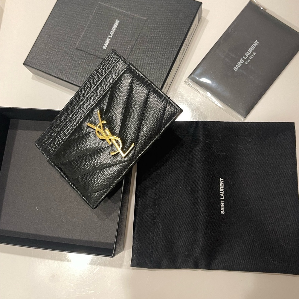 Saint Laurent Quilted Black Card Holder with Gold Logo